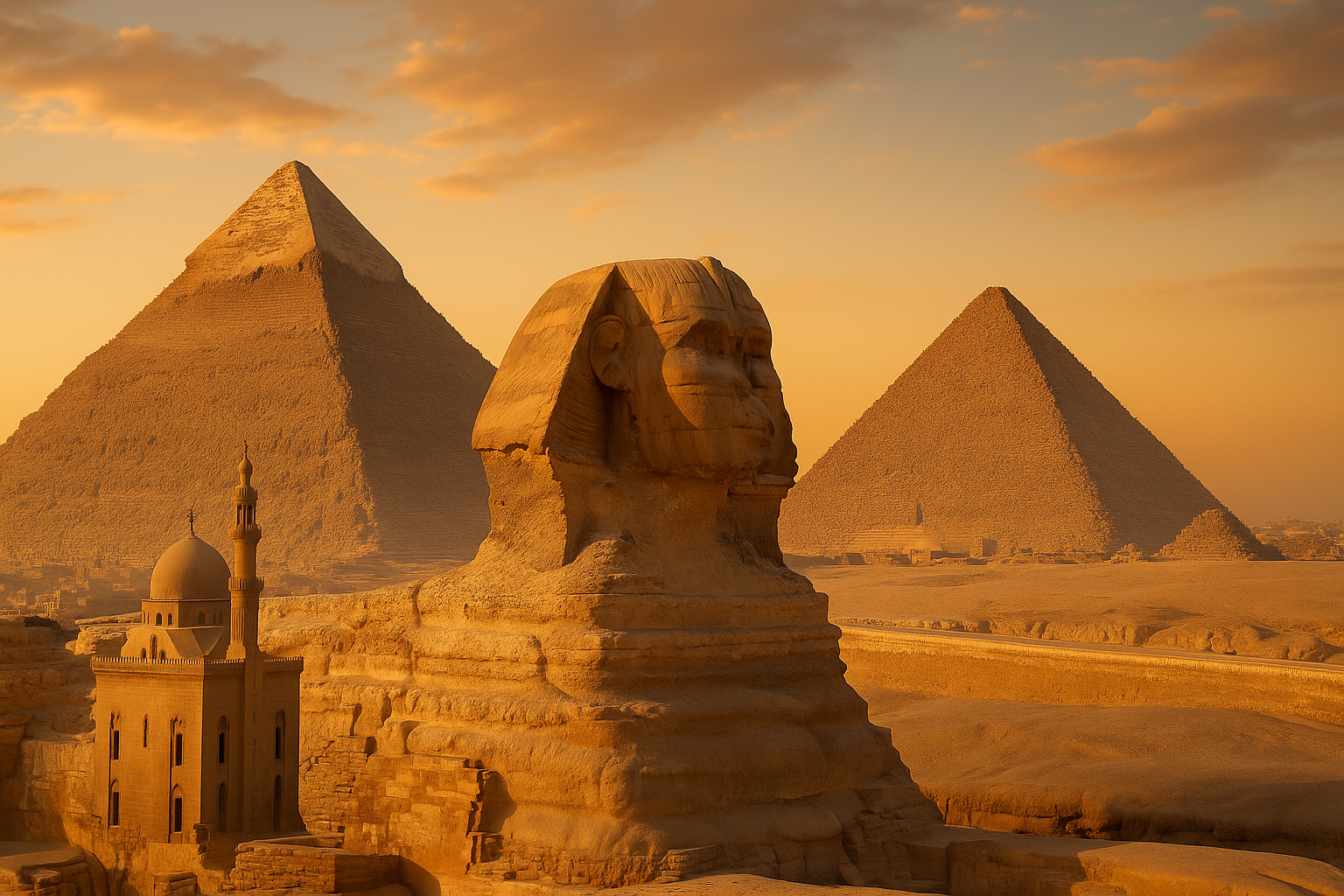 Great Sphinx and Pyramids at Giza Plateau