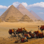 Panoramic view of the three pyramids in Giza