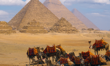 Panoramic view of the three pyramids in Giza