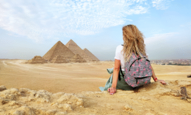 Panoramic view of the three pyramids in Giza