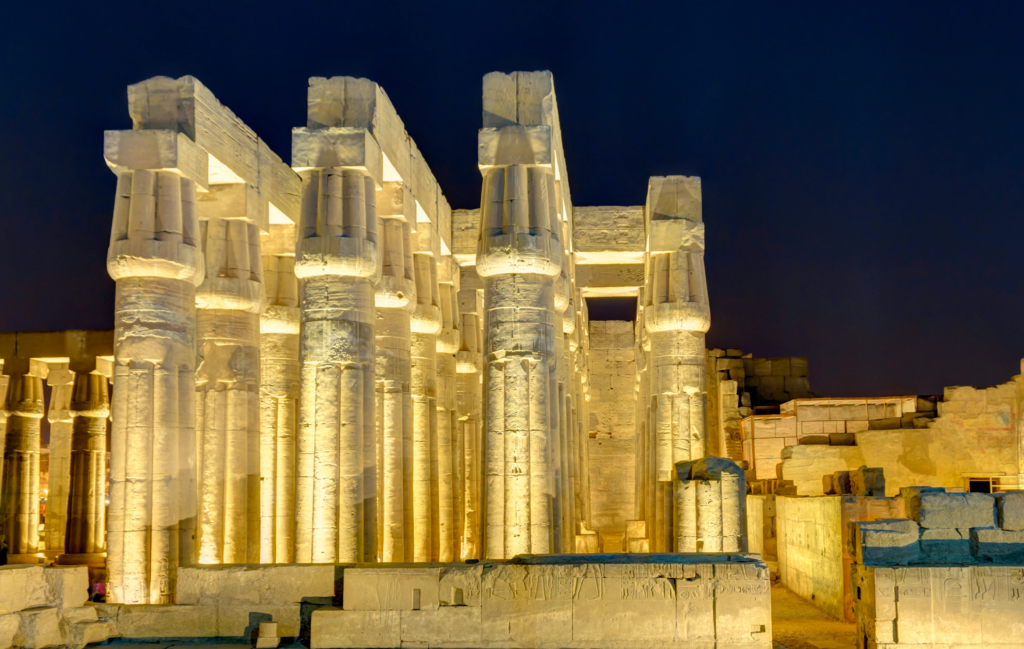 Luxor Temple illuminated at night in Luxor Egypt