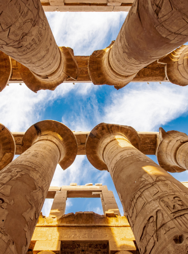 Massive columns inside the Great Hypostyle Hall at Karnak Temple