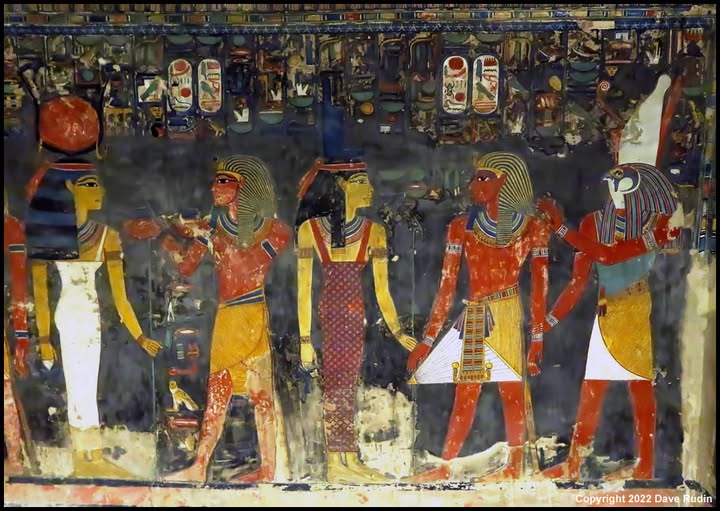 The king with Hat-hor, Isis and Horus:  another photograph from the Tomb of Horemheb (KV57), Valley of the Kings, West Bank, Luxor, 2022
