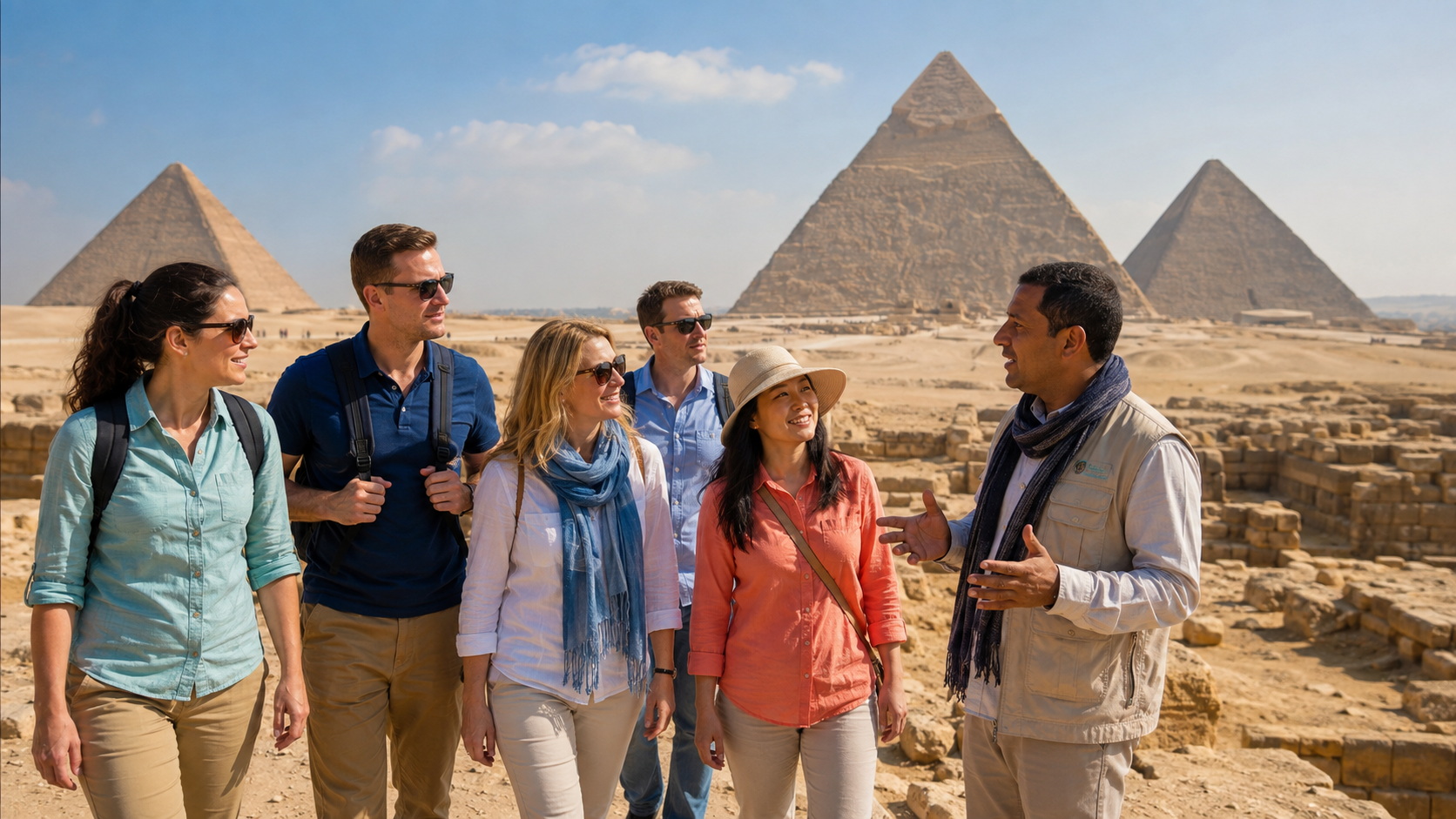International tourists exploring the Giza Pyramids with a local Egyptian guide