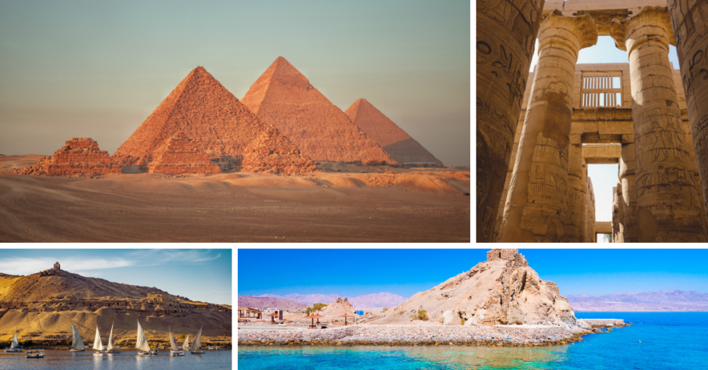 Giza Pyramids, Karnak Temple, an Aswan Felucca, and the Red Sea showcasing the best places to visit in Egypt