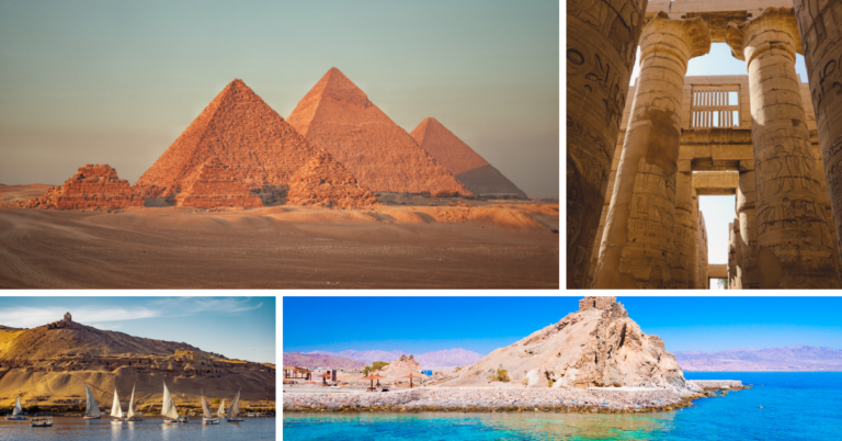 Giza Pyramids, Karnak Temple, an Aswan Felucca, and the Red Sea showcasing the best places to visit in Egypt